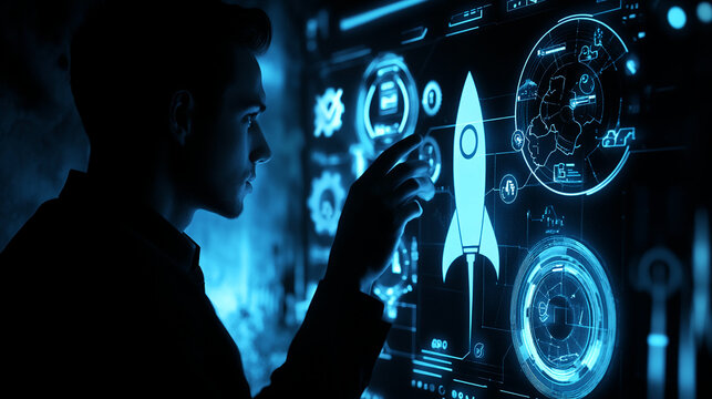A person uses a futuristic touchscreen showing a rocket icon and various data points