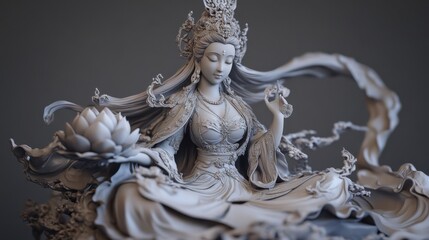 Fototapeta premium Intricate Guanyin holding lotus, soft light enhancing her flowing robes, very lifelike