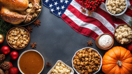 Top view of a Thanksgiving spread with traditional dishes, with a faded American flag in the background,
