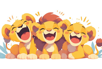 Naklejka premium Three cheerful cartoon lion cubs laughing joyfully together.