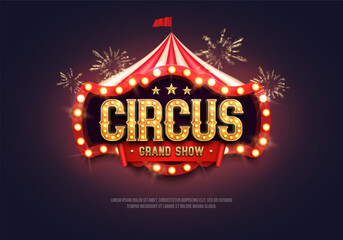 Circus banner with retro billboard, tent and fireworks. Bright poster for festival. Vector illustration. © Igor