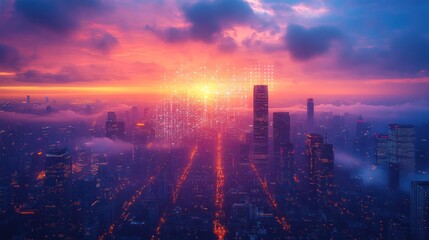 Fototapeta premium Sunrise over cityscape with digital network overlay.