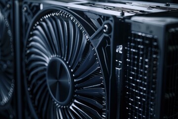 Macro shot of a computer cooling fan with heatsinks is dissipating heat