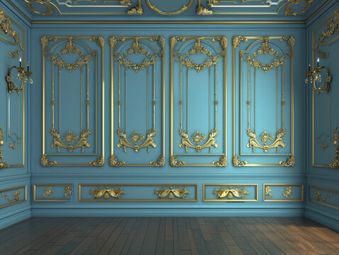 blue gold ornate room rococo royal vintage 1800s elegant interior classical luxury decorative historic architecture palace backdrop mockup scene banner template photoshoot