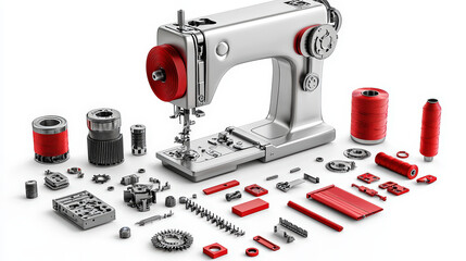 detailed view of sewing machine with various red components and accessories, showcasing its intricate parts and design. This highlights craftsmanship and functionality of sewing equipment
