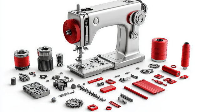 detailed view of sewing machine with various red components and accessories, showcasing its intricate parts and design. This highlights craftsmanship and functionality of sewing equipment