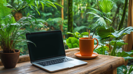 Fototapeta premium digital nomad home concept. serene workspace with laptop, plants, and coffee mug in nature