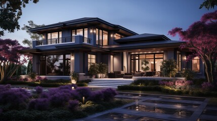 Fototapeta premium Home exterior rendering in royal purple accents, with traditional architectural style, including dark shale and bamboo details, sweeping windows, cream roof trim