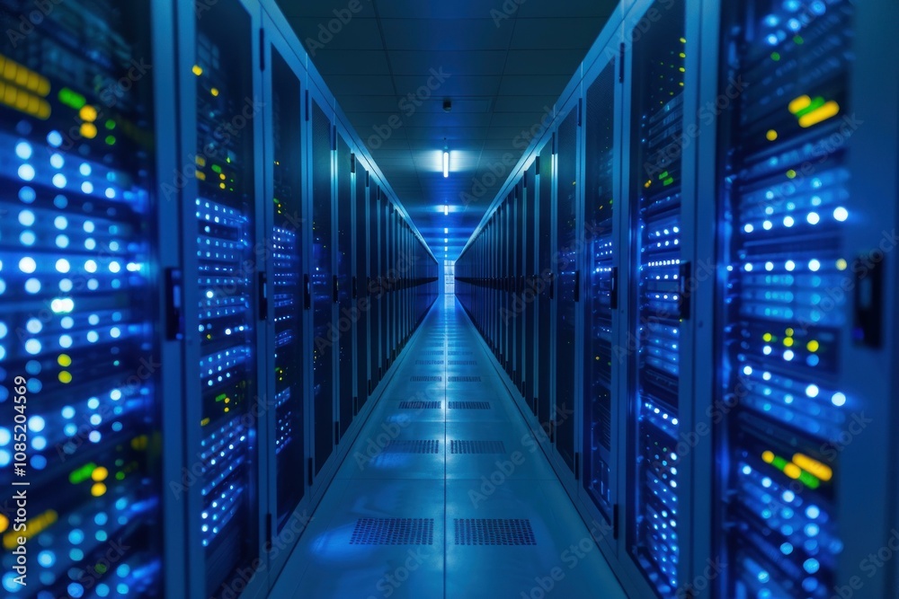 Poster perspective view of a server room with rows of brightly lit computer servers running and processing 