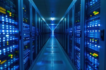 Perspective view of a server room with rows of brightly lit computer servers running and processing big data