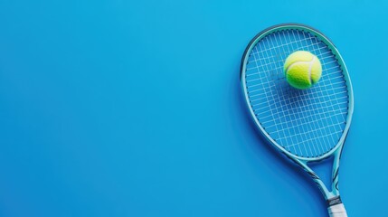 Tennis Racket and Ball on Blue Background