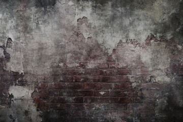 Obraz premium Weathered brick wall texture, grunge background, distressed brickwork, aged brick wall, dark gray tones, peeling plaster, urban texture, vintage backdrop.