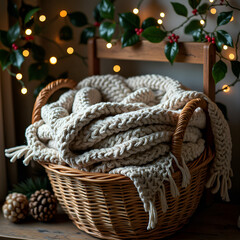 Obraz premium Warm and inviting knitted blankets in a rustic basket surrounded by holiday decor, photography of interior design concept.