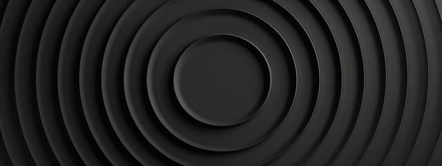 Obraz premium Black background with concentric circles for design, banner template. White space in the center of the page for text. Simple abstract wallpaper with copy space.
