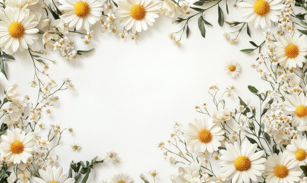 Floral frame with daisy flowers on white background