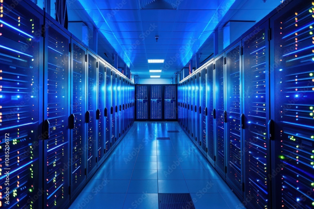 Poster modern data center with rows of network servers storing data
