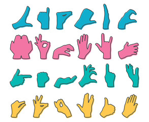 Set of colored hand gestures silhouettes. Hands outline. Gesturing like okay sign, thumb up, pointing finger, making heart. Vector illustration