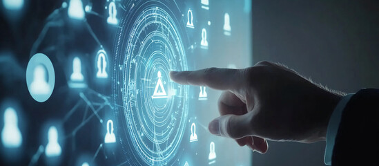 A hand points at a glowing, circular digital display showing interconnected nodes representing a network