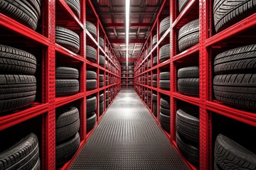 A modern tire storage facility with organized racks of tires. The vibrant red shelves create a striking contrast. This image showcases efficient storage solutions. Generative AI