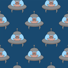 Seamless Pattern with funny cat in UFO spaceship on blue background. Flat vector Illustration.