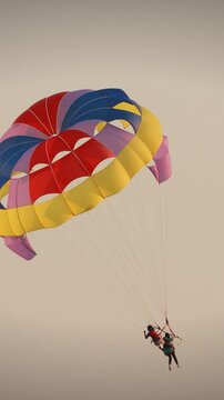 Parasailers Flying On Colorful Parachute In Sunset Or Sunrise Sky. Active Hobby