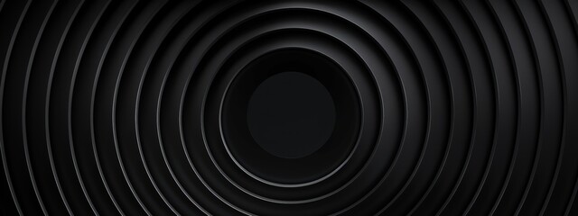 Black background with concentric circles. Banner template with white space in the center for text. Suitable for abstract minimalist wallpaper and contemporary digital projects.