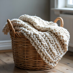 Obraz premium Warm and textured knit blanket draped over a woven basket in a sunlit room, photography of still life concept.