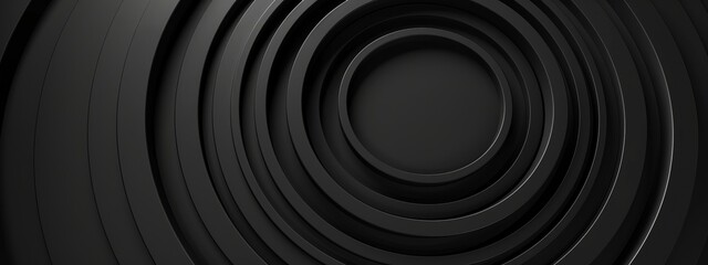 Concentric rings on a black background, minimalist design banner template with white space for text. Ideal for sophisticated and elegant presentations, websites, and modern designs.