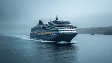 Cruise Ship Sailing on a Misty Sea