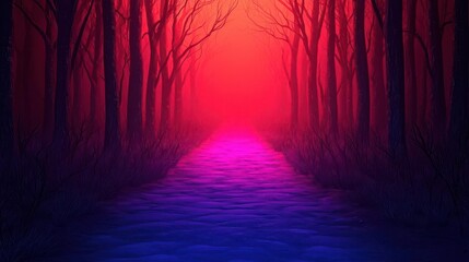 A glowing path of colors winding through a surreal forest, symbolizing a journey through a dreamlike world