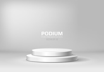 Round white podium on light background. Empty pedestal for award ceremony or product presentation. Minimalist platform concept. Vector illustration.