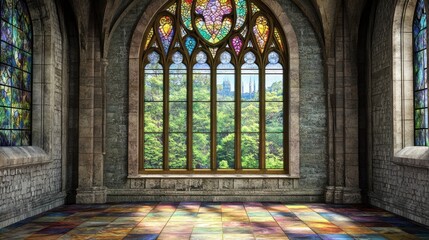 Obraz premium Majestic tall window with multicolored stained glass art, detailed ornate design, and spacious area for copy in the lower half