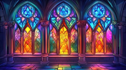Obraz premium Majestic tall window with multicolored stained glass art, detailed ornate design, and spacious area for copy in the lower half