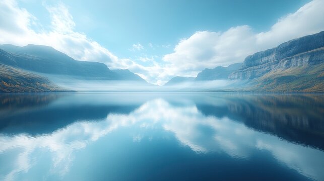 Serene autumn lake mirroring mountains and clouds.