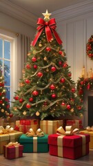 A stunning, classic depiction of a Christmas tree adorned with vibrant red and gold ornaments, sparkling lights, and a large golden star with a red ribbon as the tree topper. The tree is surrounded by
