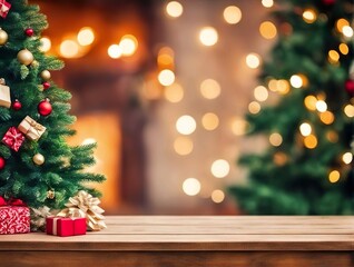 Empty Christmas Table Background With Christmas Tree For Product Display Montage