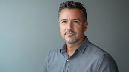Confident Hispanic man in his 40s poses with a look of assurance, wearing a casual shirt against a neutral background.