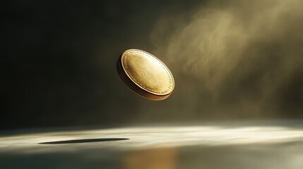 Golden coin suspended mid-air with dramatic lighting effect.