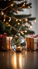 A stunning, classic depiction of a Christmas tree adorned with vibrant red and gold ornaments, sparkling lights, and a large golden star with a red ribbon as the tree topper. The tree is surrounded by