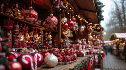 Naklejka premium A festive market scene adorned with Christmas decorations, showcasing red and gold ornaments, lights, and a joyful holiday atmosphere.