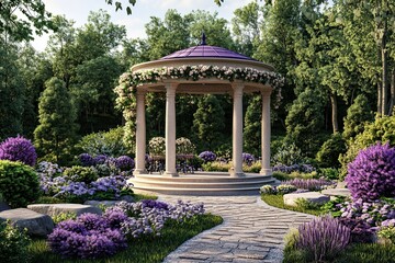 Obraz premium purple and cream elegant romantic round pavilion with elegant paving stones and different flowers 