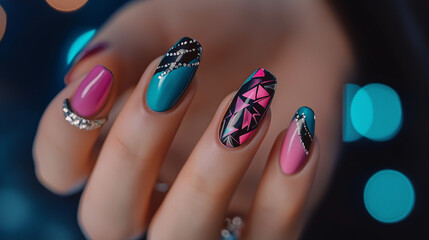 Naklejka premium New Year’s manicure: Colorful manicure with geometric nail art, fingers wearing silver rings, artistic studio lighting