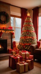 A stunning, classic depiction of a Christmas tree adorned with vibrant red and gold ornaments, sparkling lights, and a large golden star with a red ribbon as the tree topper. The tree is surrounded by