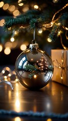 A stunning, classic depiction of a Christmas tree adorned with vibrant red and gold ornaments, sparkling lights, and a large golden star with a red ribbon as the tree topper. The tree is surrounded by