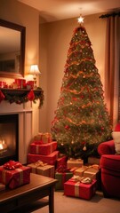 A stunning, classic depiction of a Christmas tree adorned with vibrant red and gold ornaments, sparkling lights, and a large golden star with a red ribbon as the tree topper. The tree is surrounded by
