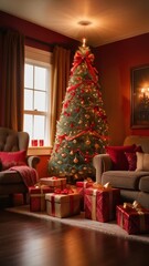 A stunning, classic depiction of a Christmas tree adorned with vibrant red and gold ornaments, sparkling lights, and a large golden star with a red ribbon as the tree topper. The tree is surrounded by