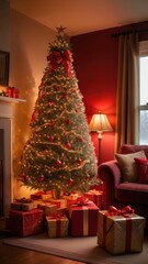 A stunning, classic depiction of a Christmas tree adorned with vibrant red and gold ornaments, sparkling lights, and a large golden star with a red ribbon as the tree topper. The tree is surrounded by