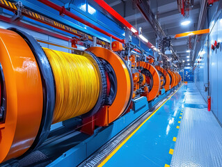 Modern textile machine with vibrant yellow spools, showcasing advanced technology in well lit industrial setting. machinery reflects innovation and efficiency in textile production