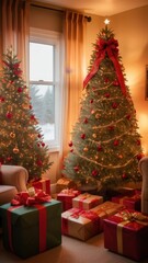 A stunning, classic depiction of a Christmas tree adorned with vibrant red and gold ornaments, sparkling lights, and a large golden star with a red ribbon as the tree topper. The tree is surrounded by