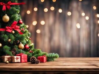 Empty Christmas Table Background With Christmas Tree For Product Display Montage.